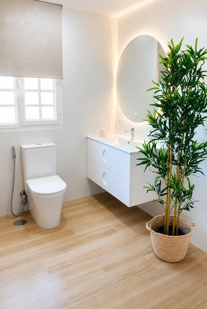 Baño oval LED y madera